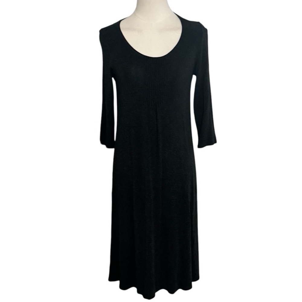 EILEEN FISHER Midi Dress Gray Black Scoop Neck 2/3 Sleeves Stretchy Size XS Work